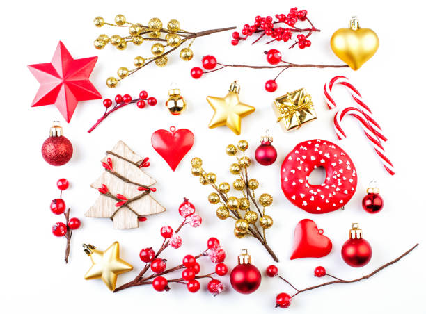 istock Gold and red Christmas decorations on white background. Xmas composition flat lay top view 1171511578