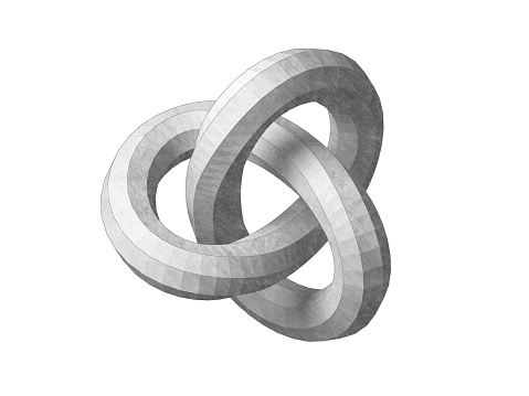 Torus knot low poly geometrical representation. Abstract object isolated on white background. Graphite pencil stylized 3d rendering illustration