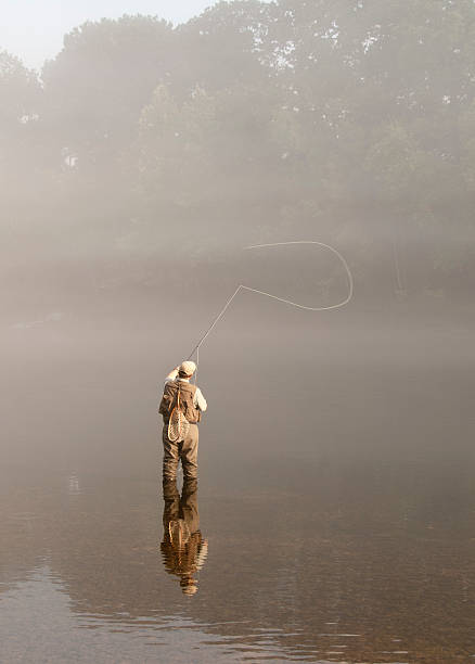 matin à la lumière du soleil dans le brouillard sur flyfisherman - ankle deep in water photos et images de collection