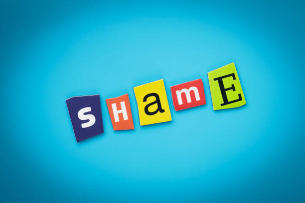 istock Single word - shame. Text on blue background from colored letters. Message on poster. Headline on card. Multicolored inscription on banner. Psychologic concept. 1171513330