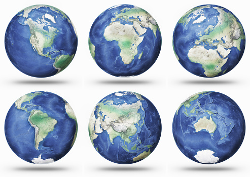 Collection of Planet Earth showing the all 7 continents: North America, South America, Asia, Europe, Africa, Australia and Antarctica.\n\n- maps used courtesy of ShadedRelief: http://www.shadedrelief.com/world/index.html; \n- license: http://www.shadedrelief.com/world/use.html;\n- software used: Adobe Photoshop CC 2017