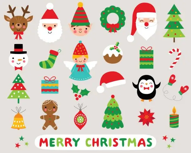 Vector illustration of Christmas cartoon vector icons set