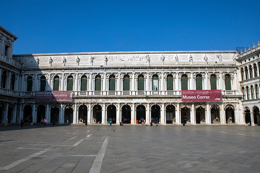 Venice, Italy - July 20th 2019: A view of the magnificent exterior of Museo Correr, located on Piazza San Marco in Venice, Italy.