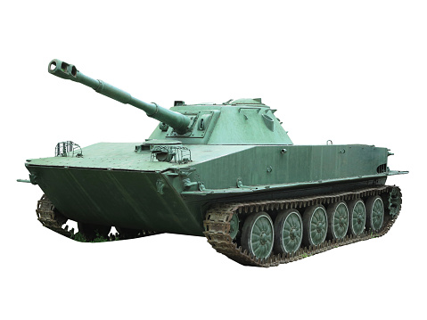 Russian old green floating tank isolated over white background