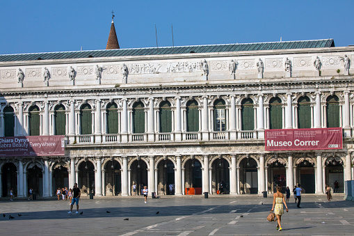 Venice, Italy - July 20th 2019: A view of the magnificent exterior of Museo Correr, located on Piazza San Marco in Venice, Italy.