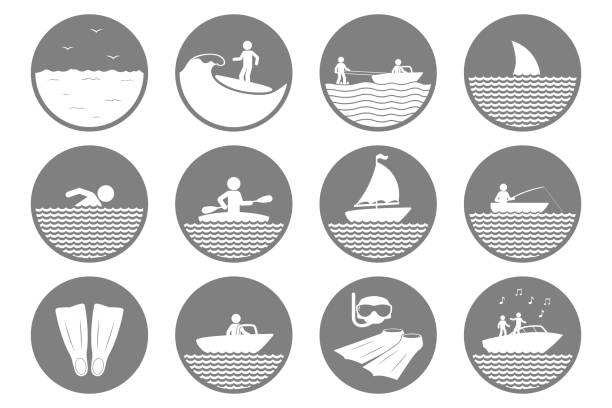 illustrations, cliparts, dessins animés et icônes de icônes de sports nautiques. natation, plongée, kayak, surf symboles. vecteur - nautical vessel journey diving flipper