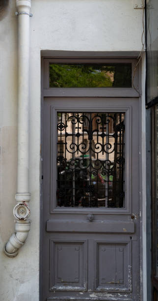 istock Matte paint grey door with framed panels and reflective glass window protected by antique ornate metal lattice. Grunge textures of shabby door and dirty water pipe over wall of house in Paris France 1171520169