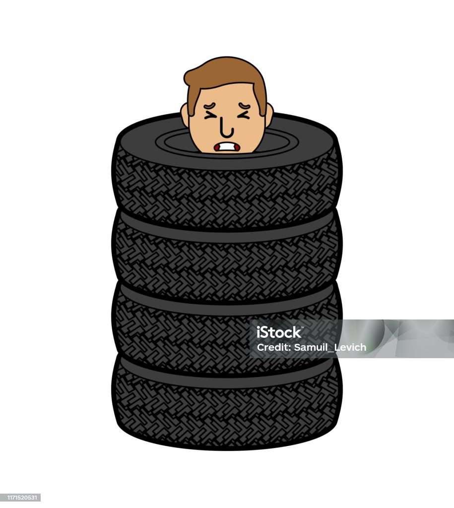 Cartoon Tyre Stack Man Inside Car Tire Guy In Stack Of Car Tires Vector Illustration Stock ...