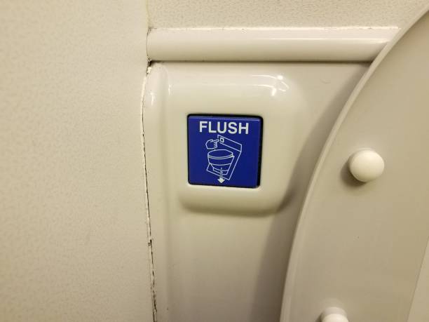 blue flush button near toilet in airplane restroom or bathroom