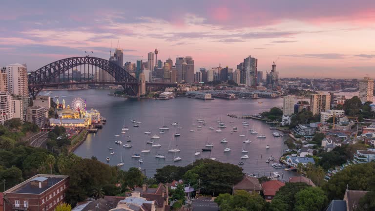 Downtown Sydney skyline in Australia from top view at twilight