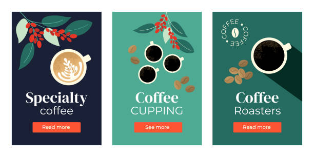 Set of banners with coffee Vector illustrations of Specialty coffee, cupping, roasters. Set of banners with cup of cappuccino, espresso, branches of coffee tree. Template for banner, landing page, website, advertisement, blog. cafe illustrations stock illustrations