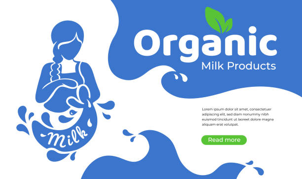 bio-milchprodukte illustration mädchen und krug milch - milk industry milk bottle factory stock-grafiken, -clipart, -cartoons und -symbole