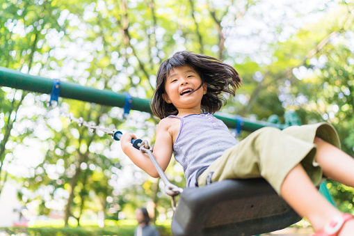 A child is playing on a swing.