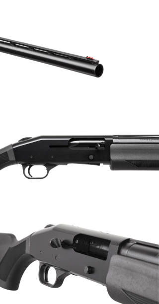 istock Modern black shotgun isolate on white background. Black semi-automatic shotgun on a light background. 1171526727