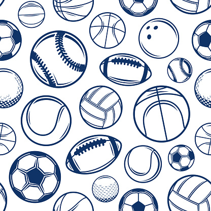Vector blue sport balls seamless pattern or background