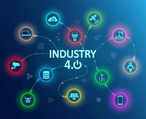 Industry 4.0 infographic concept factory of the future – stock vector Industry 4.0 infographic concept factory of the future – stock vector global conveyor belt stock illustrations