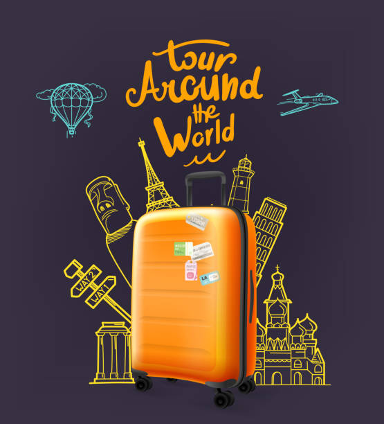 Orange modern plastic suitcase with lettering logo. Around the world tour concept Vector illustration journey drawings stock illustrations