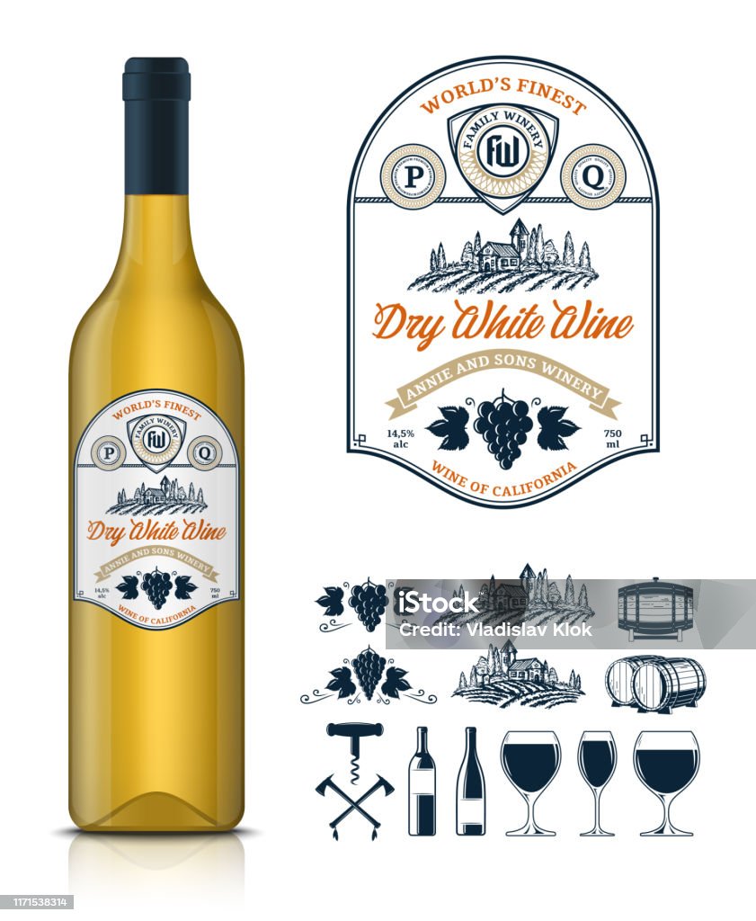 Nhãn Rượu Vang Trắng Cổ Điển Vector Và Mockup Chai Rượu Vang Hình ...