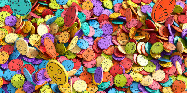 Multi-Coloured Emoji Emoticons Tokens In Mid-Air Falling Into Huge Pile An abstract image of lots of multi-coloured discs with emoji's, some falling in mid air, and forming a large pile. The emoticons are of various pastel toned rainbow colours and represent happiness, sadness, anger etc. Concepts include: social media issues, emotions, mental health. feelings stock pictures, royalty-free photos & images