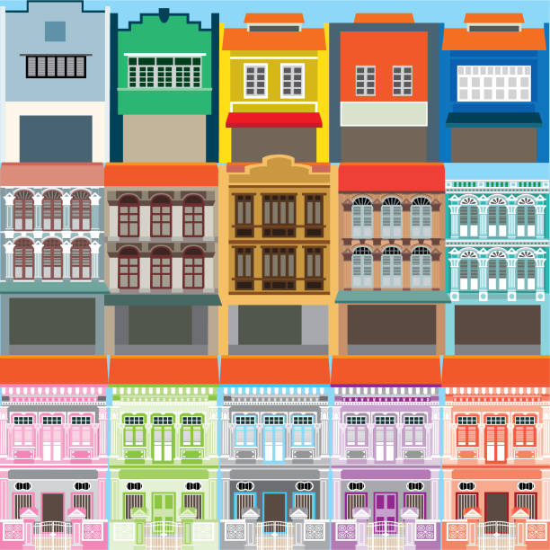 Shophouses Old building type serving both as a residence and a commercial business. singapore flats stock illustrations