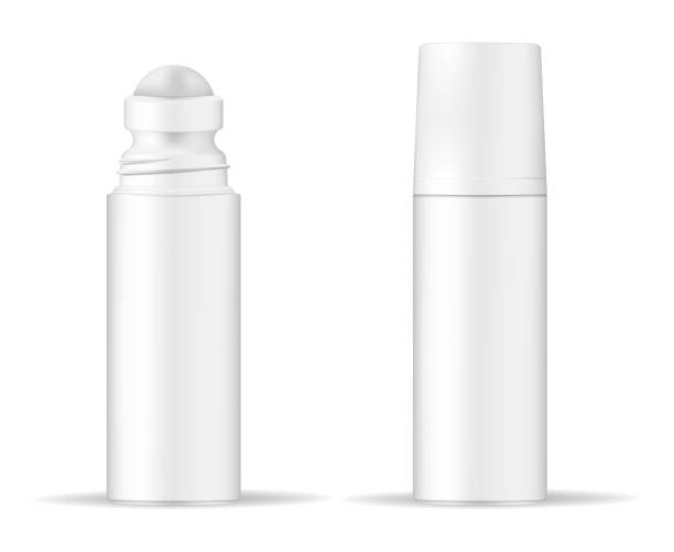 Body antiperspirant deodorant roll-on, open and closed blank white bottle with screw cap. Realistic vector mockup Body antiperspirant deodorant roll-on, open and closed blank white bottle with screw cap. Realistic vector mockup. roller ball stock illustrations