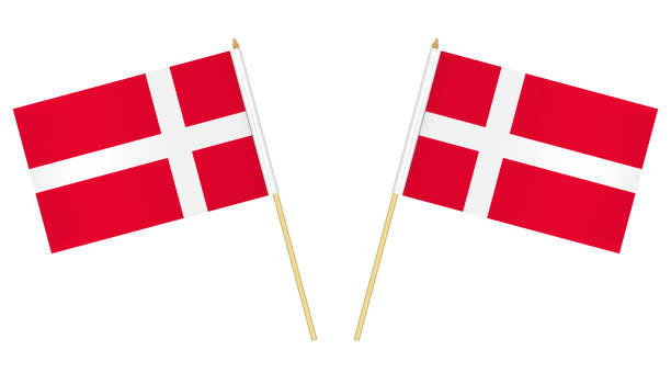 zwei kleine mini dänische flaggen isoliert auf weißem hintergrund, vektor-illustration. flagge von dänemark an der stange - danish flag stock-grafiken, -clipart, -cartoons und -symbole