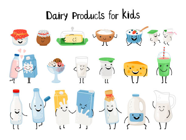 Dairy products for kids Dairy products for kids. Kid dairy snacking, kawaii organic yogurt and milk, yummy butter and cheese cream characters vector illustration isolated on background milk bottle milk bottle empty stock illustrations