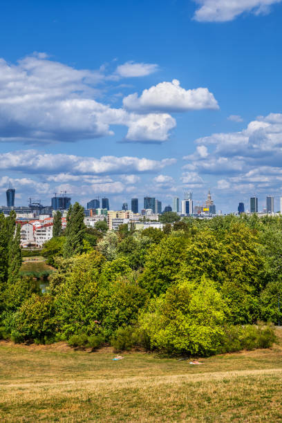 Warsaw skyline as seen from the Szczesliwicki Park in capital city of Poland.