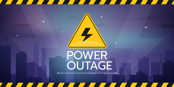 Vector illustration of the banner of a power cut with a warning sign the one is on the background of the night city. the banner of a power cut with a warning sign the one is on the background of the night city without electricity and dark sky with stars. blackout stock illustrations