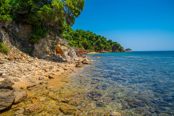 Crystal clear sea and the picturesque rocky beach in Skiathos, Greece