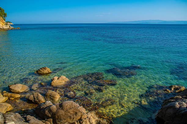 Crystal clear sea and the picturesque rocky beach in Skiathos, Greece