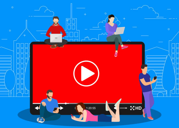 Video concept. people using mobile gadgets, Video concept. people using mobile gadgets, tablet pc and smartphone for live watching a video via internet. Vector illustration in flat style contented emotion illustrations stock illustrations