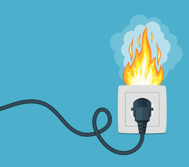 ilustraciones, imágenes clip art, dibujos animados e iconos de stock de enchufe y enchufe en el fuego de sobrecarga. - electric plug outlet electricity cable