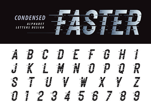 Vector of Glitch Modern Alphabet Letters and numbers, Grunge linear stylized rounded fonts, Speed effect faster motion Alphabet Fon,t Minimal italic Letters set for Futuristic, universal, Branding & Identity