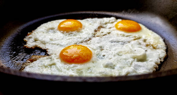 istock Three free range fried eggs in a hot non stick frying pan 1171544564