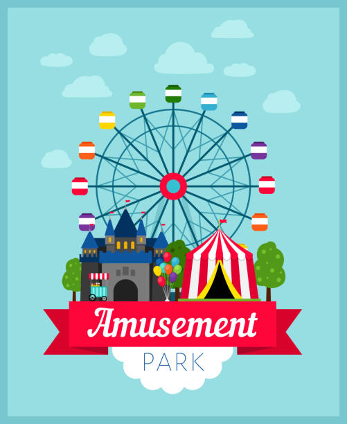 ilustraciones, imágenes clip art, dibujos animados e iconos de stock de cartel del parque de atracciones - ferris wheel carnival amusement park wheel