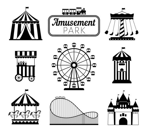 Amusement park black icons. Recreation fun attractions signs, carnival carrousel, circus ticket service, skyline train rollercoaster and festival fun tents symbols