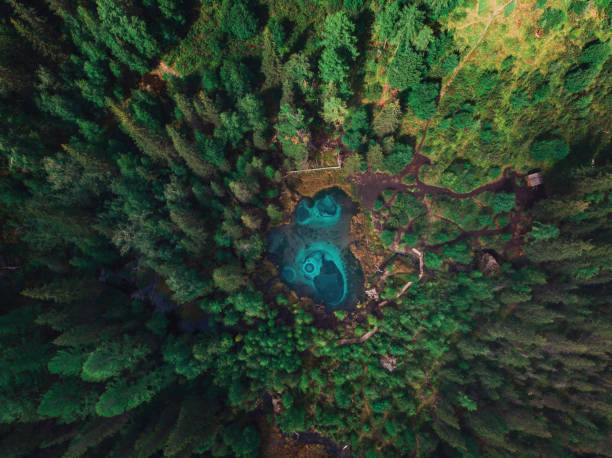 Beautiful Geyser (blue, silver) lake with thermal springs that periodically throw blue clay and silt from the ground. Aerial drone view. Aktash, Altai mountains, Russia