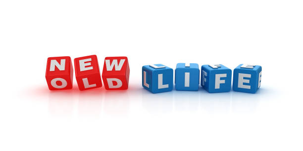 new life/old life buzzword cubes - 3d rendering - beginnings new life spirituality block foto e immagini stock