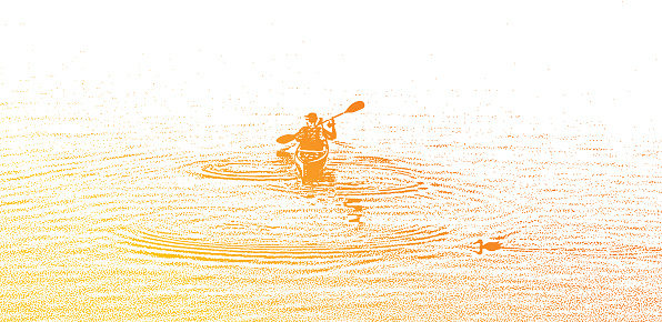 One man Kayaking and paddling on a Lake and duck