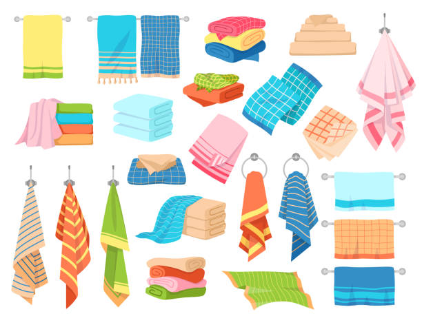 Bath towel. Hand kitchen towels, textile cloth for spa, beach, shower fabric rolls lying in stack. Cartoon vector set Bath towel. Hand kitchen towels, textile cloth for spa, beach, shower fabric rolls lying in stack. Cartoon vector hygiene objects clothing softness blanket hanging handkerchief set washcloth stock illustrations