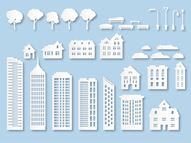 紙の建物。窓付きの折り紙市の家。ランタン、木やベンチと段ボールの超��高層ビル。ホワイトペーパーカットベクトルセット - construction paper点のイラスト素材／クリップアート素材／マンガ素材／アイコン素材