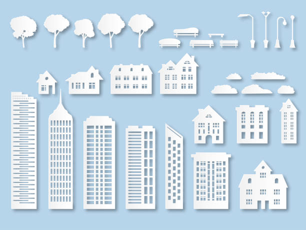 Paper buildings. Origami city houses with windows. Cardboard skyscrapers with lanterns, trees and benches. White paper cut vector set Paper buildings. Origami city houses with windows. Cardboard skyscrapers with lanterns, trees and benches. White paper cut vector design exterior town skyline park roof business office panoramic set papercutting stock illustrations