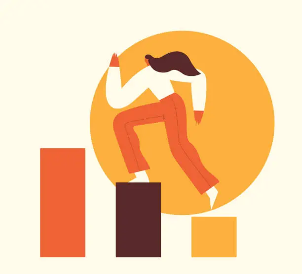 Vector illustration of Woman climbing the steps to success. Motivation concept, career growth, leadership, business. Flat vector illustration.