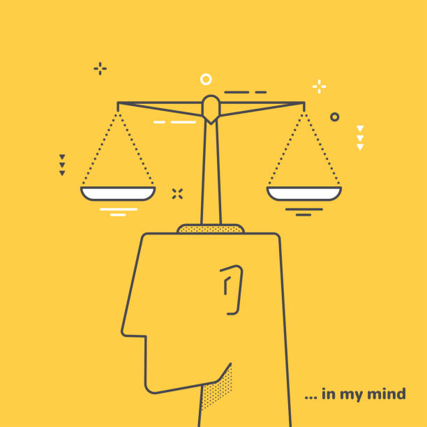 balanced linear vector image on a yellow background, the head of a man with weights, internal balance and balanced judgments balance designs stock illustrations