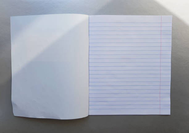 istock open school notebook with pen on a gray desk with sun rays from the window. A blank, white sheet of notebook for writing. education concept. Copy space. view from above. Flat lay 1171556248