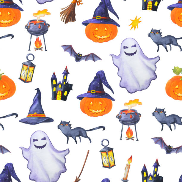 ilustraciones, imágenes clip art, dibujos animados e iconos de stock de jack o lantern, un fantasma, un gato negro y un murciélago. - witch halloween cauldron bat