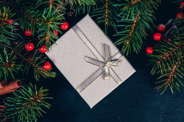 istock Christmas gift box, pine branch and holly on black background. 1171559511
