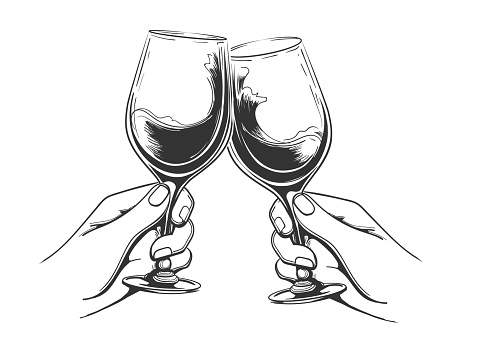 Hand drawn toasting hands. Hands holding wine glasses vintage vector illustration, toast drinks retro image