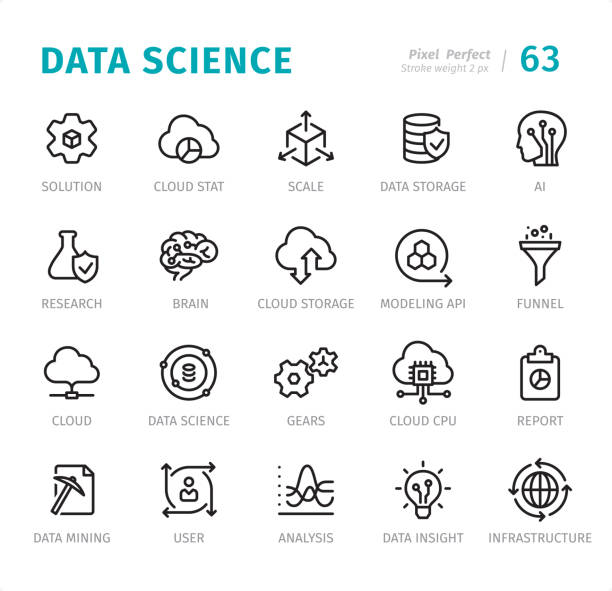 ilustrações de stock, clip art, desenhos animados e ícones de data science - pixel perfect line icons with captions - diagram computer network network server network security